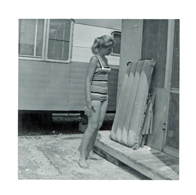 Young Woman in Swimsuit Outside Trailer, 1950s