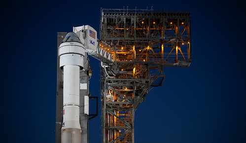 NASA’s Boeing Crew Flight Test Preflight (NHQ202405040034) A United Launch Alliance Atlas V rocket with Boeing’s CST-100 Starliner spacecraft aboard is seen illuminated by spotlights on the launch pad at Space Launch Complex 41 ahead of the NASA’s Boeing Crew Flight Test, Saturday, May 4, 2024 at Cape Canaveral Space Force Station in Florida. NASA’s Boeing Crew Flight Test is the first launch with astronauts of the Boeing CFT-100 spacecraft and United Launch Alliance Atlas V rocket to the International Space Station as part of the agency’s Commercial Crew Program. The flight test, targeted for launch at 10:34 p.m. EDT on Monday, May 6, serves as an end-to-end demonstration of Boeing’s crew transportation system and will carry NASA astronauts Butch Wilmore and Suni Williams to and from the orbiting laboratory. Photo Credit: (NASA/Joel Kowsky)