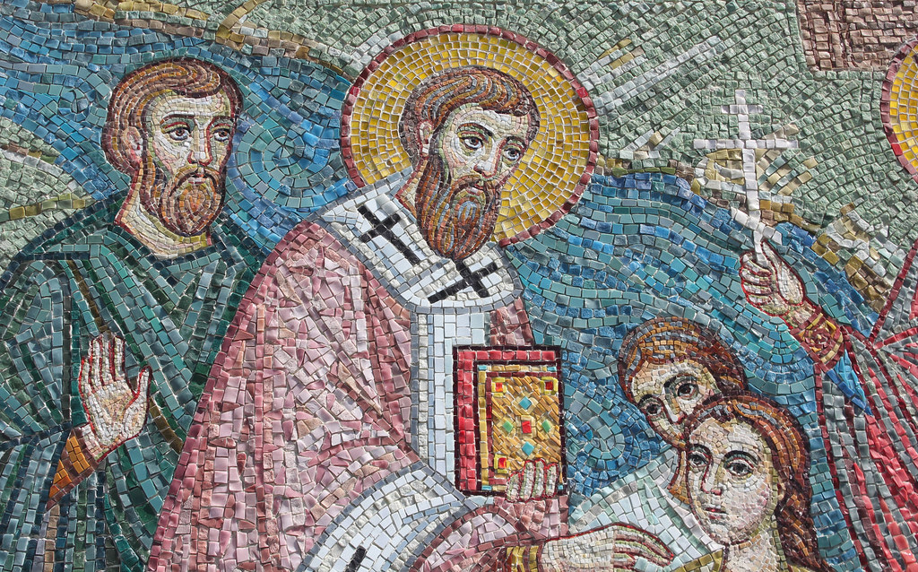 Saint Vladimir Church - Metochion of  Patriarch of Moscow and all Rus'. Fragment of Mosaic icon: Baptism of Rus' by Equal-to-the-Apostles Prince Vladimir in the waters of the Dnieper. Russia, Moscow, Pokrovskoye-Streshnevo. Православнаѧ Црковь.