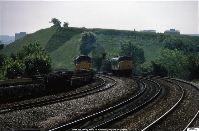 Healey Mills' 31 127 on tracklifting duty, is passed by Gateshead's 46 035, Ashley Hill, May 30th 1984