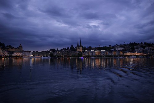 Blue Hour in Lucerne, Switzerland by scherrermonika, After a rainy day in Lucerne I went on a cruise hoping for a spectacular sunset over the towering pe