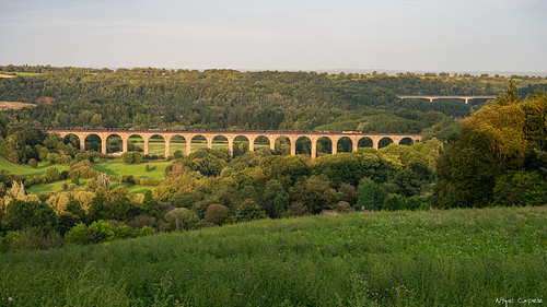 Cefn Mawr Colas by Hibel Road, With the sun dropping rapidly, Colas Rail Freight Class 70 No. 70804 crosses Cefn Mawr viaduct worki