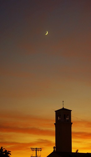 Moon, Steeple and a sunset by Joey Z1, The sliver of the moon leads us down to the steeple of St. Peter & Paul Church established in 18