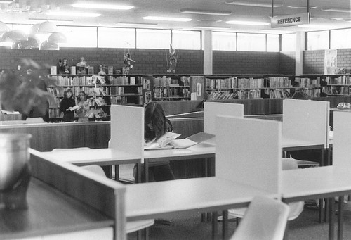 View towards reference area with study carrels in foreground, Glen Waverley Library, 112 Kingsway, 1976 | by Monash Public Library Service