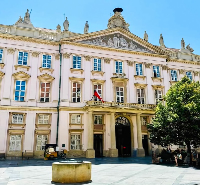 The Primate Palace with a pink facade and statues on the rooftop