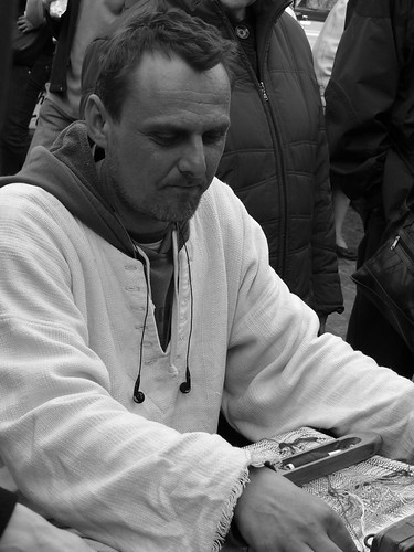 Weaving at the Easter market in the Old Town Square, Prague, Czech Republic