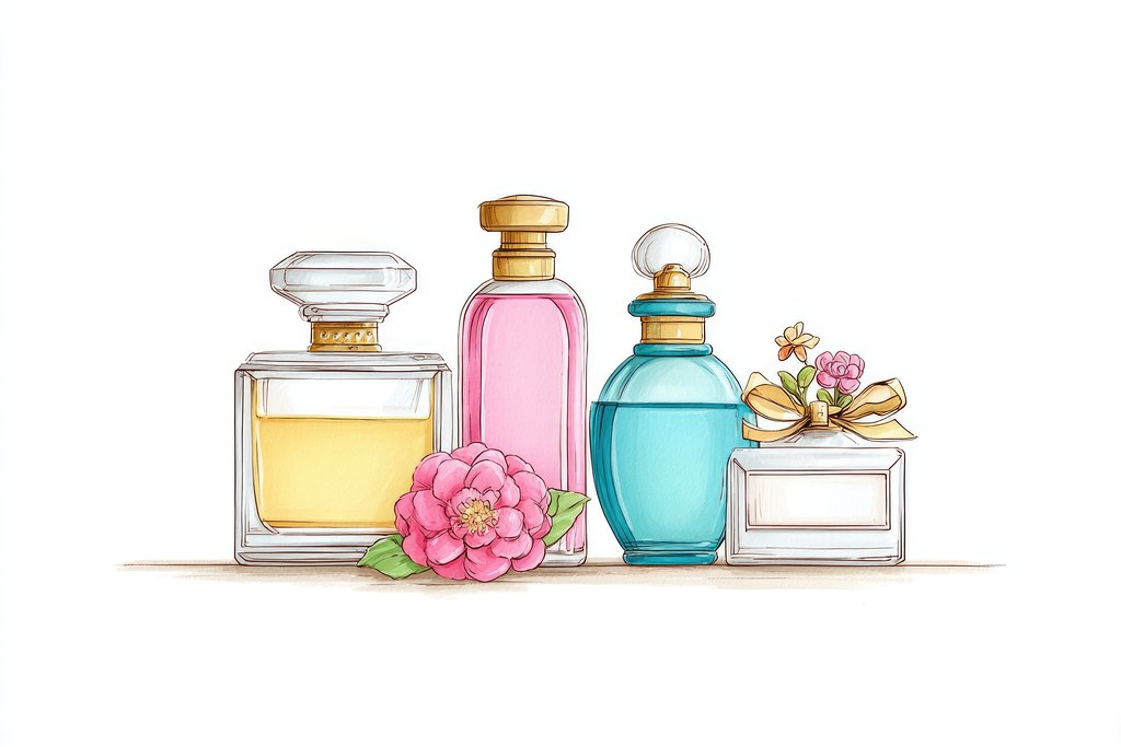 Elegante Parfumflakons mit Blumenillustration