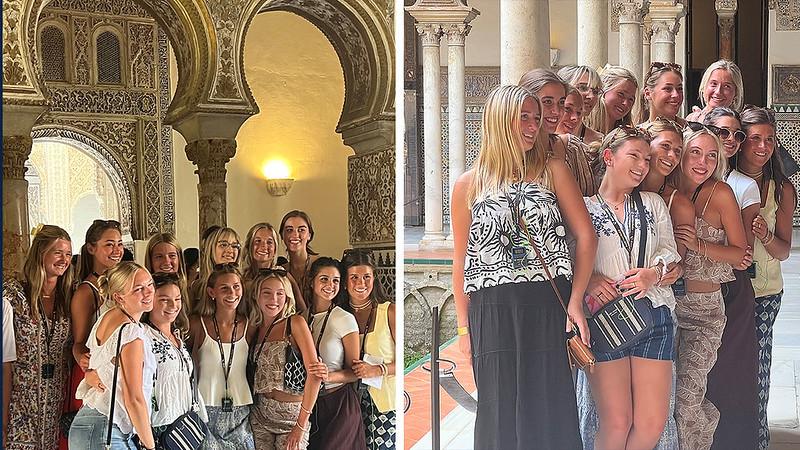 Two photos of students posing in the Alcazar 