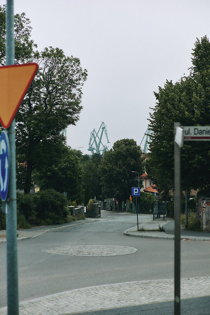 Cobblestone street with foreground traffic signs and trees, leading toward distant port cranes on the horizon under an overcast sky.