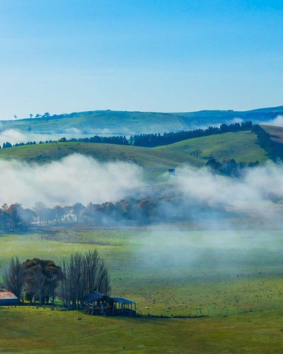 Early morning fog rolling through the countryside by Merrillie, Aerial Sunrise landscape views over the countryside with fog from Blayney in the Central West of NS