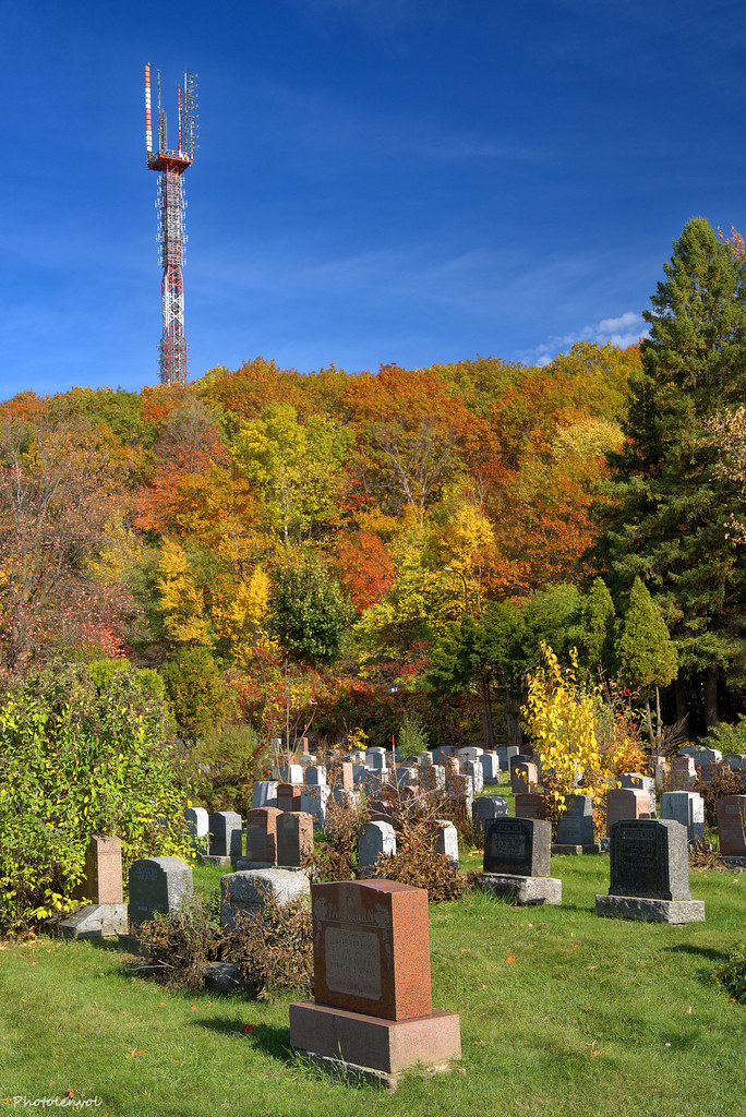 A hillside of orange, red, yellow and green trees rises behind rows of headstones toward the summit mast.