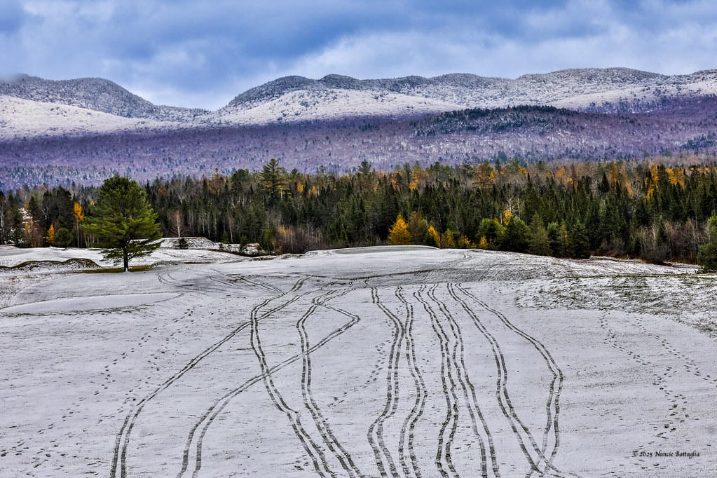 Ski tracks cross a snowy golf course below bare grey hardwood slopes and snow-dusted ridges, with a few golden tamaracks left in the spruce line.