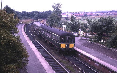 DMU bound for Corstorphine station is seen at Pinkhill station with a view of Carrick Knowe Golf Club in the background, October, 1967. (G. N. Turnbull). | by Kenneth G. Williamson