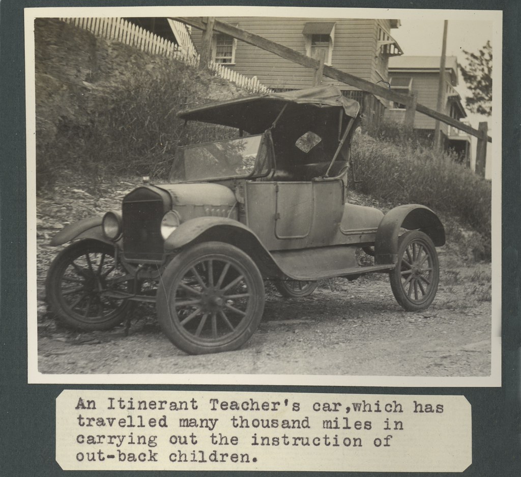Well-worn teacher's car in outback Queensland during the 1920s