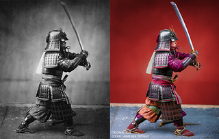 Samurái con armadura, espada y daga. Yokohama, Japón, circa 1860 / Armoured samurai with sword and dagger. Yokohama, Jap