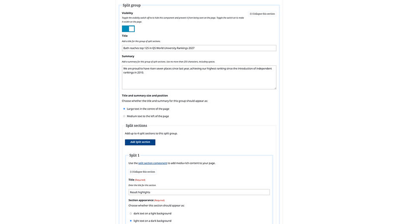 A screenshot of the Split group component in Typecase. The sections Visibility, Title, Summary, Split section are visible.