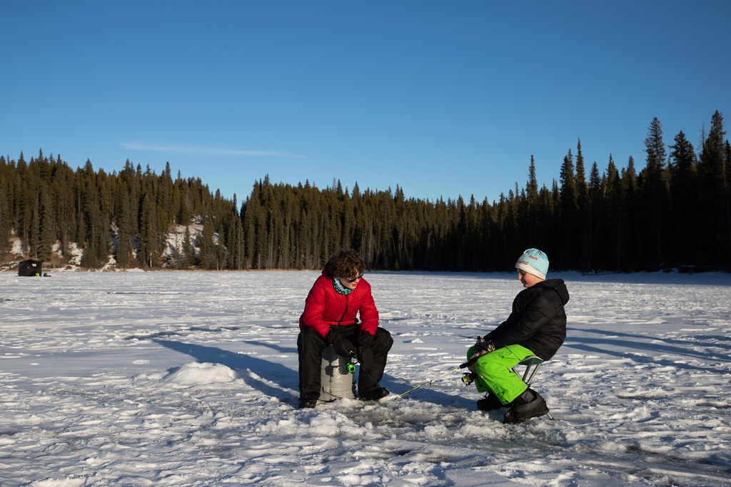 Ice fishing at Goldeye Lake Provincial Recreation Area