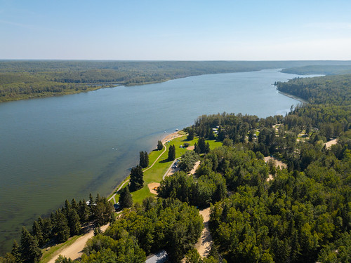 Aerial of campsites and beach at Long Lake Provincial Park