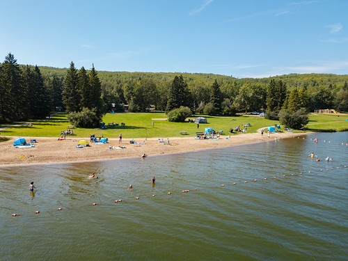 Aerial of people on the beach andd in the water at Long Lake Provincial Park