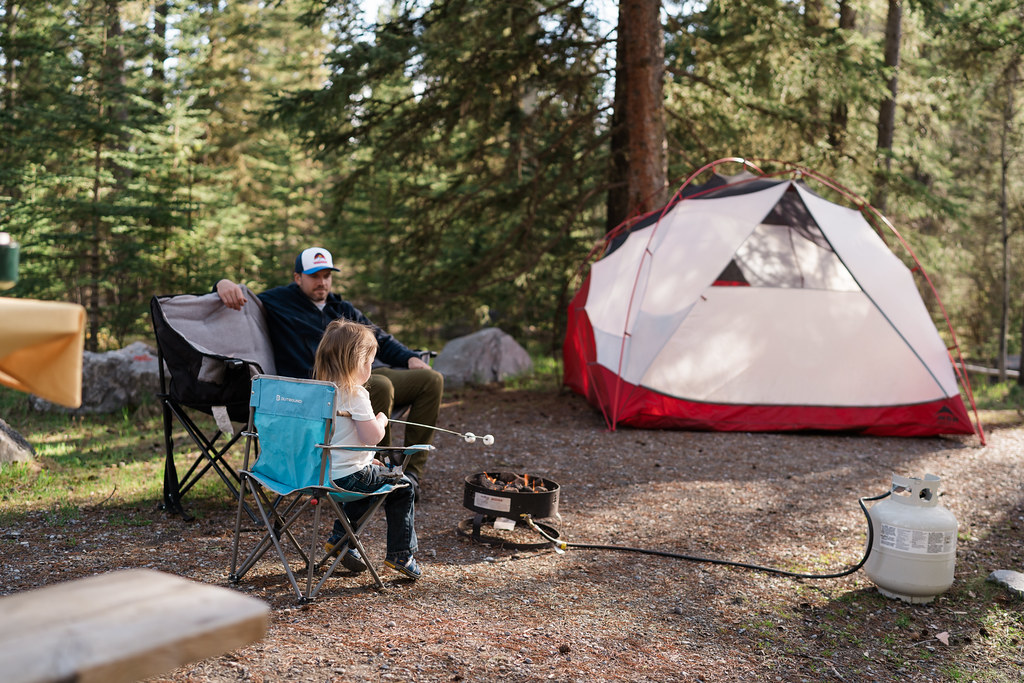 Man and toddler roasting marshmellows at Burnt Timber Provincial Recreation Area