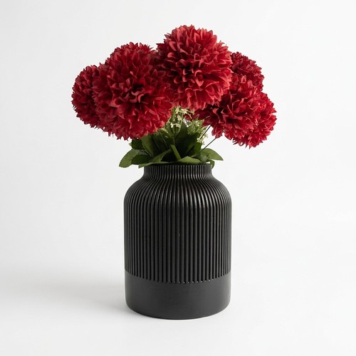  Modern Ribbed Matte Vase  - reds flowers - Black