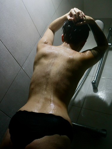 Semi nude female in the shower wearing only my knickers