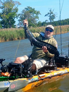Man in a kayak holding a fish