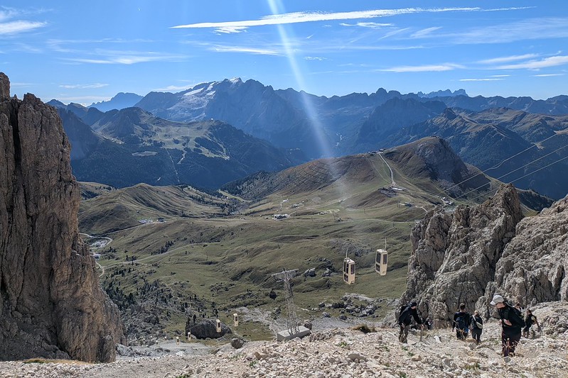 We Ride the Coffin Lift Forcella Sassolungo from Passo Sella to Toni Demetz Hut - Val Gardena, Dolomites, Italy