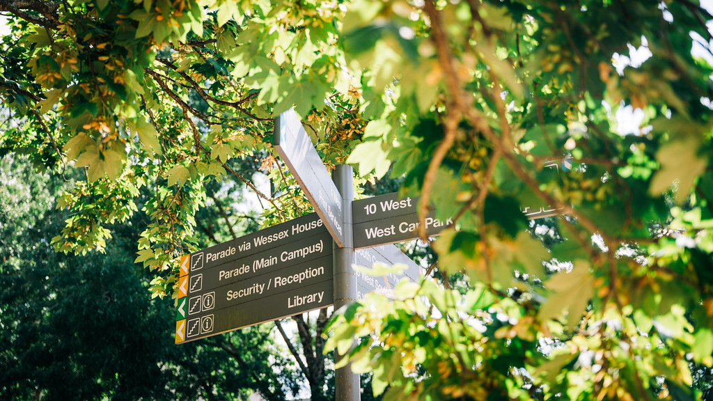 A signpost on the University of Bath campus