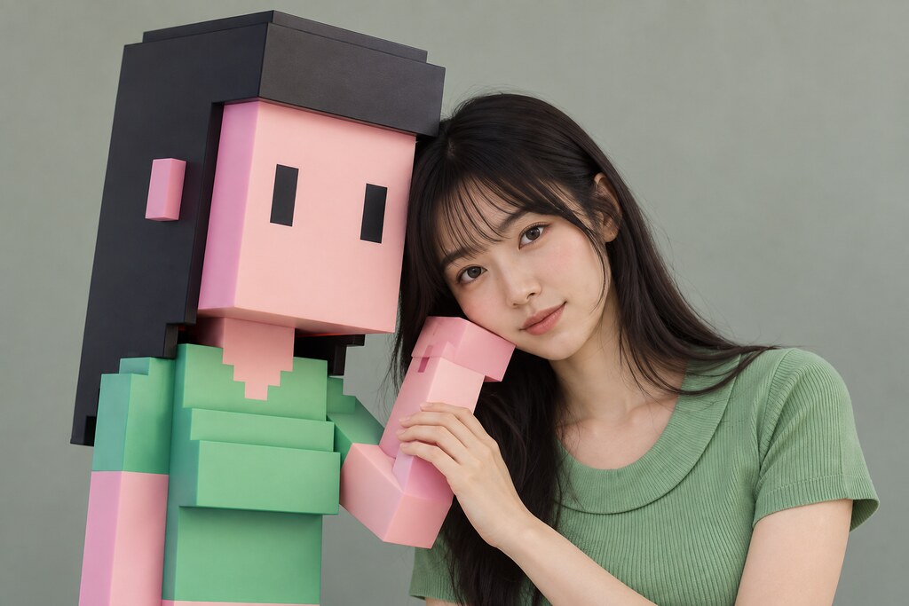 Meebit 的成年女性呈現把臉頰靠在方塊手上，真手扶著方塊前臂。（AI 生成影像）