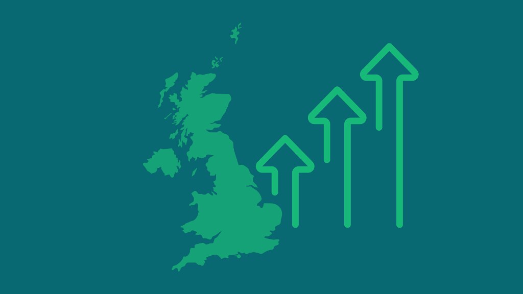 Outline of the UK with three increasing arrows next to it