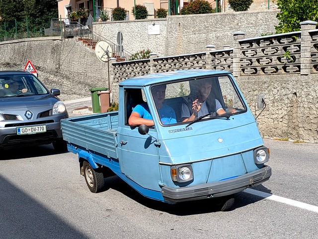 A Vintage Three-Wheeled Light blue Piaggio Ape - Day Trip from Stara Fuzina to Most na Soci, Soča Valley, Slovenia