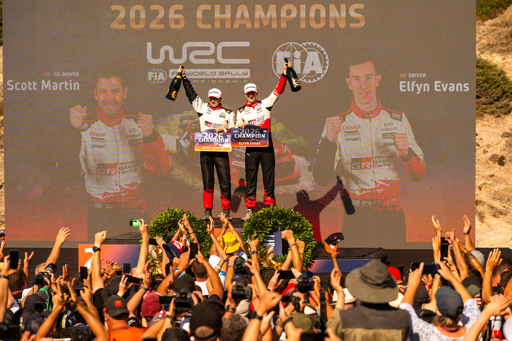 Elfyn Evans (GBR), Scott Martin (GBR) Of team TOYOTA GAZOO RACING WRT celebrate becoming WRC champions 2026 during the World Rally Championship in Alghero, Italy on 04.10.2026 // Jaanus Ree / Red Bull Content Pool // SI202610040722 // Usage for editorial use only //