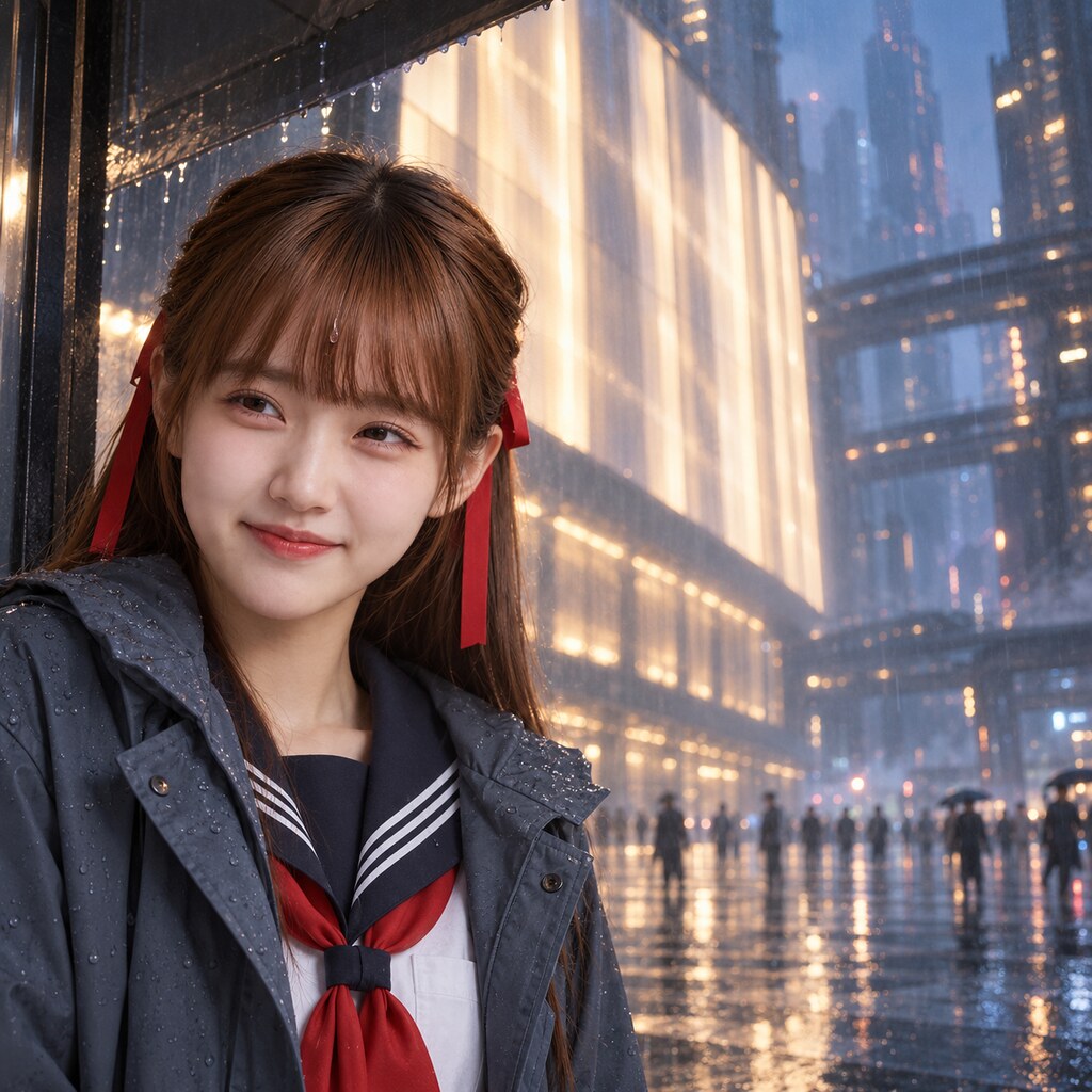 史旺姬《藍色停留的那一小時》，一面會發光的黃昏：雨點剛好落下。（AI 生成，非真人照片）