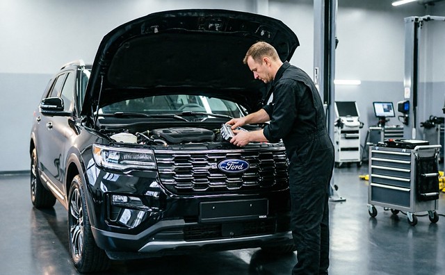 Ford Explorer с открытым капотом. Опытный специалист устанавливает новую оригинальную запчасть, демонстрируя высокий уровень обслуживания.