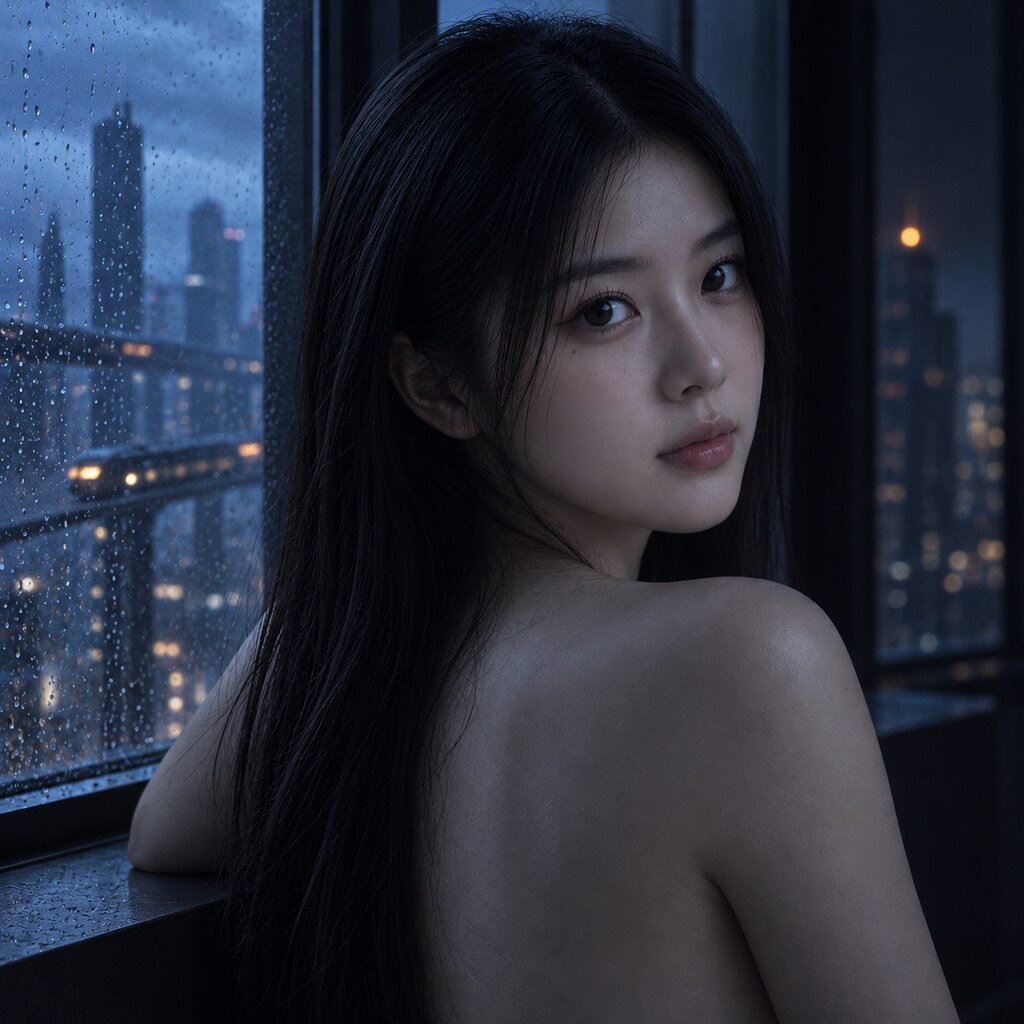 江映希《窗外還亮著》，雨靠近玻璃：隔著玻璃。（AI 生成，非真人照片）