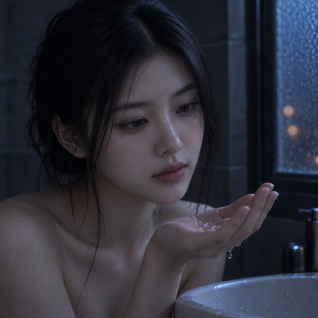 江映希《窗外還亮著》，水聲在房間裡：手心接住冷光。（AI 生成，非真人照片）
