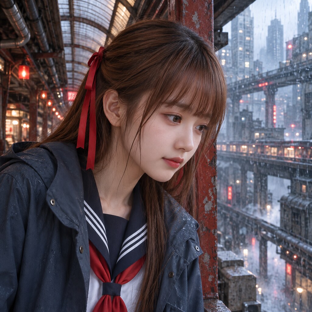 史旺姬《藍色停留的那一小時》，雨停在半空：隔著一層雨。（AI 生成，非真人照片）