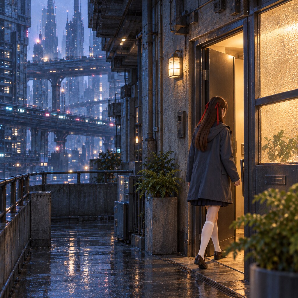 史旺姬《藍色停留的那一小時》，回家的那一層：把黃昏留在門外。（AI 生成，非真人照片）