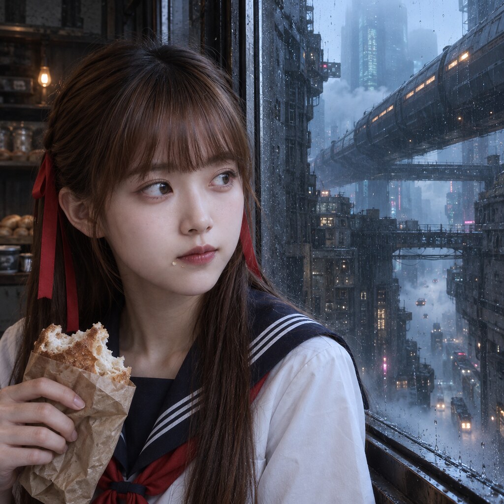 史旺姬《藍色停留的那一小時》，街角還有熱的：先吃一口再走。（AI 生成，非真人照片）