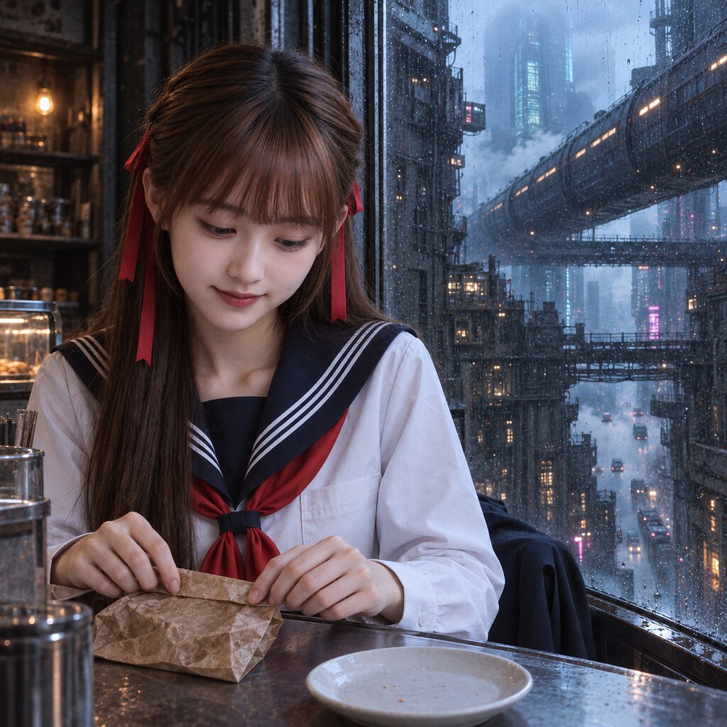 史旺姬《藍色停留的那一小時》，街角還有熱的：紙袋留下溫度。（AI 生成，非真人照片）