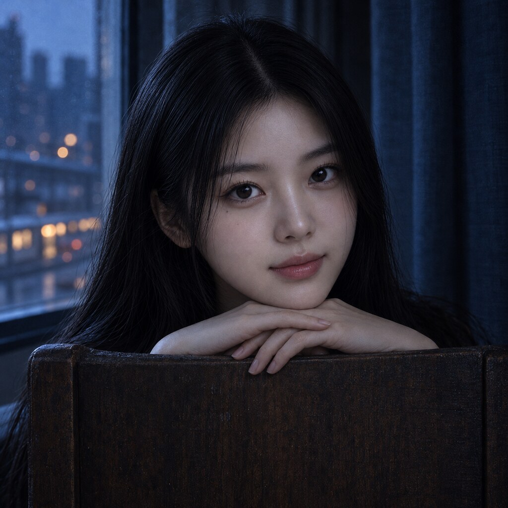 江映希《窗外還亮著》，把重量放下來：椅子替她停下來。（AI 生成，非真人照片）