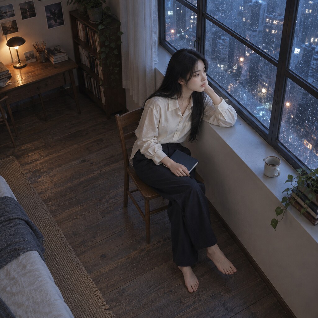 江映希《窗外還亮著》，天色與房間：窗台的深度。（AI 生成，非真人照片）