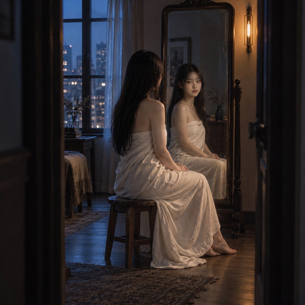 江映希《窗外還亮著》，門後仍然有人：鏡子也有距離。（AI 生成，非真人照片）