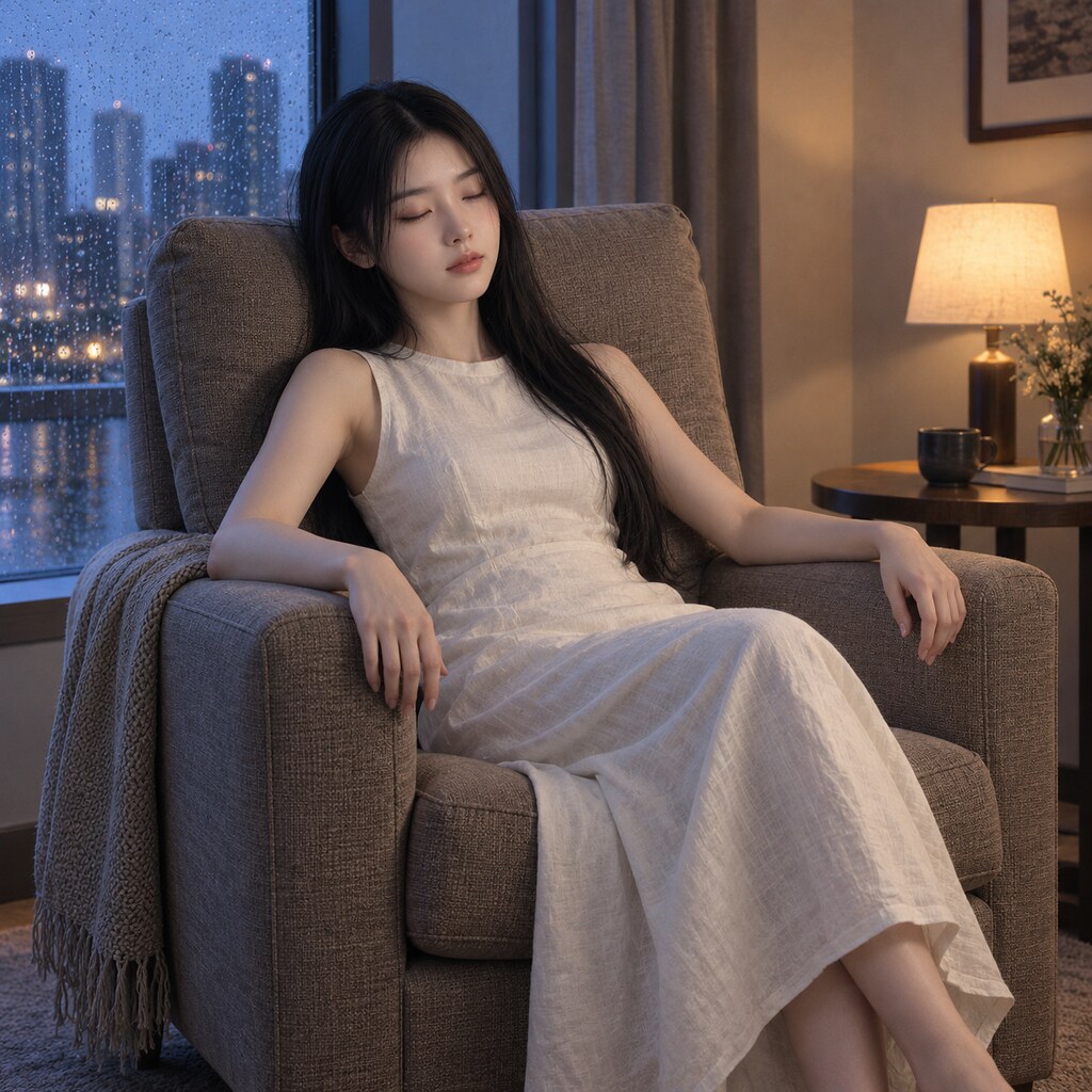 江映希《窗外還亮著》，把重量放下來：把重量交給椅背。（AI 生成，非真人照片）
