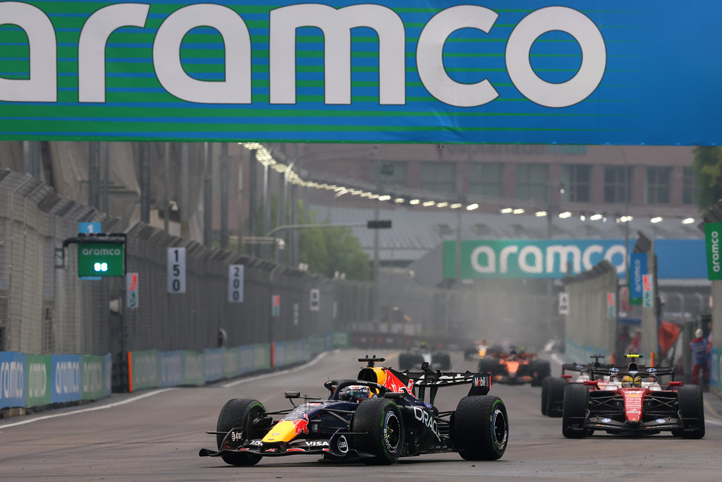 SINGAPORE, SINGAPORE - OCTOBER 10: Max Verstappen of the Netherlands driving the (3) Oracle Red Bull Racing RB22 Red Bull Ford Powertrains on track during the Sprint ahead of the F1 Grand Prix of Singapore at Marina Bay Street Circuit on October 10, 2026 in Singapore, Singapore. (Photo by Steven Tee/LAT Images) // Getty Images / Red Bull Content Pool // SI202610100315 // Usage for editorial use only //