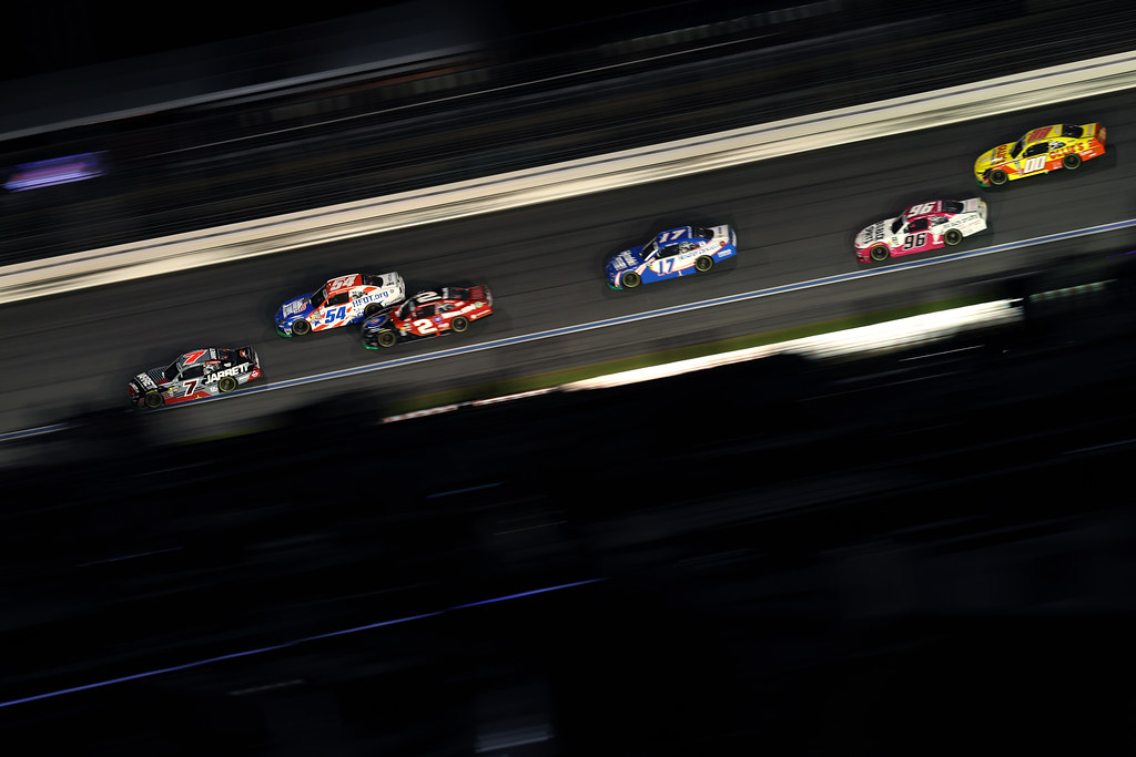 CONCORD, NORTH CAROLINA - OCTOBER 11: Justin Allgaier, driver of the #7 Jarrett Logistics Chevrolet, leads the field during the NASCAR O'Reilly Auto Parts Series Blue Cross NC 300 at Charlotte Motor Speedway on October 11, 2026 in Concord, North Carolina. (Photo by David Jensen/Getty Images)