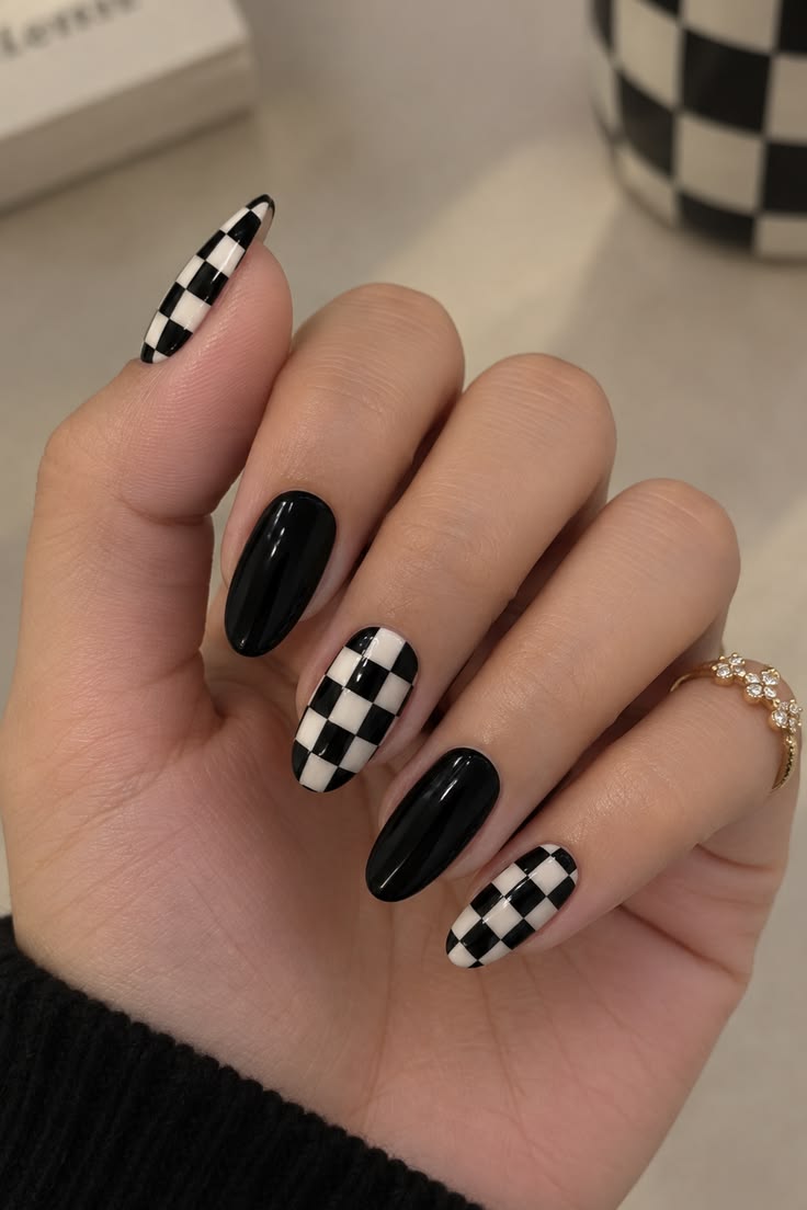 Black and White Checkerboard Nails