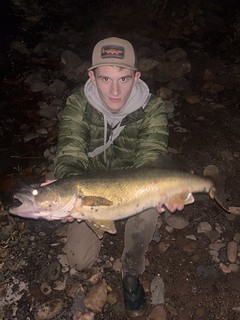 Man holding a fish at night
