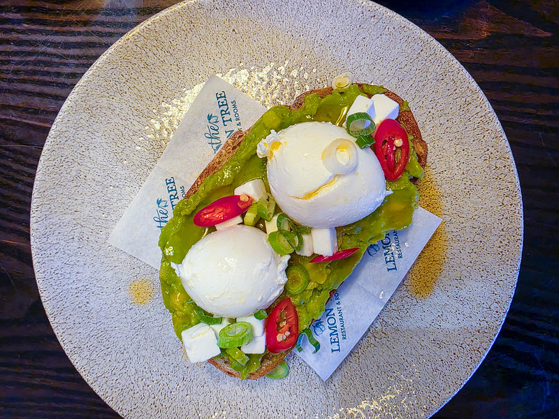 Avocado on toast, with two poached eggs on top